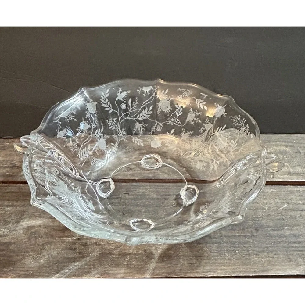 Fostoria Chintz Baroque Etched Clear Glass Footed Bowl Floral Vtg Shell Handle